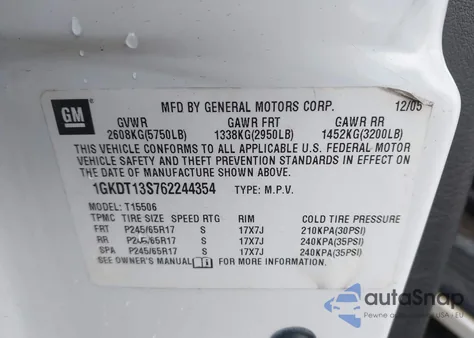 2006 GMC Envoy Sle из США, поврежденный, VIN 1GKDT13S762244354